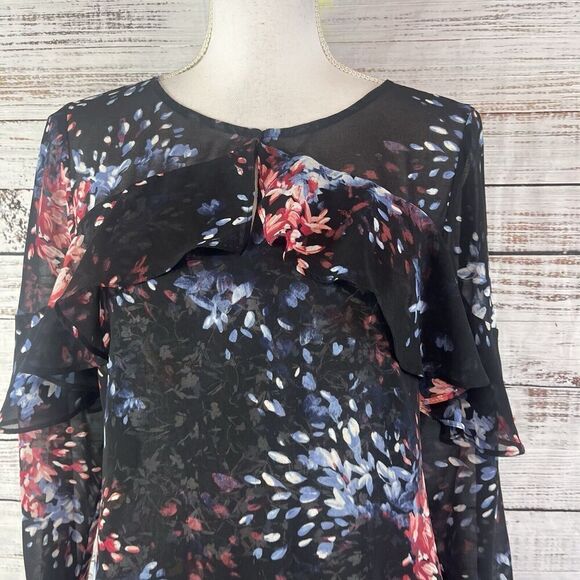 White House Black Market Blouse Tunic sz 4 Black Blue Pink Floral Sheer Ruffles - Picture 2 of 9